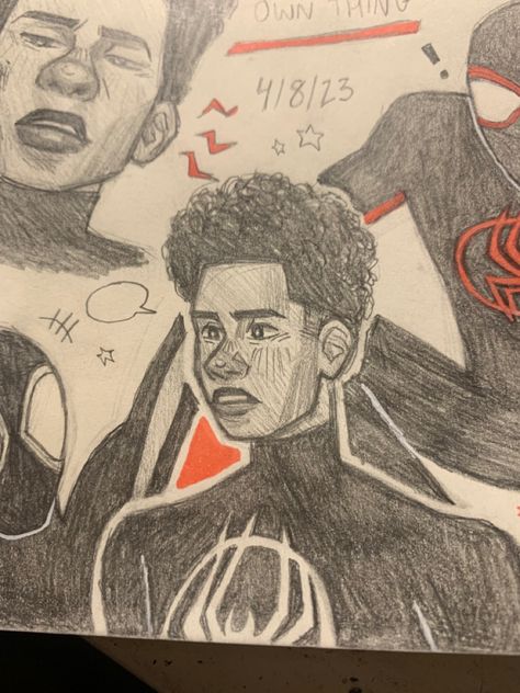 Miles Art Book, Miles Sketchbook Page, Miles Morales Drawing Tutorial, Spiderman Into The Spider Verse Drawing, Miles Morales Drawing Sketches Easy, Miles Morales Sketchbook Pages, Miles Morales Doodle, Miles Sketch, Drawing Miles Morales