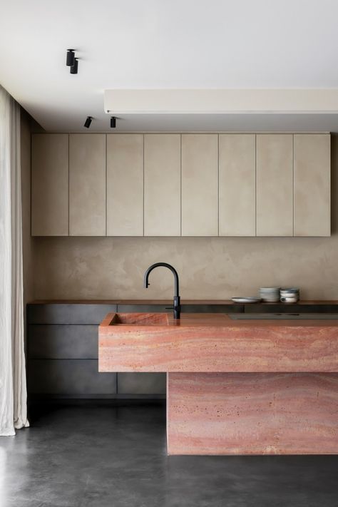 Projects | Ontwerpbureau Dries De Malsche Red Travertine Kitchen, Tiles On Kitchen Island, Travertine Kitchen Countertops, Pink Marble Countertops, Tiled Kitchen Island, Limestone Interior, Travertino Marble, Red Travertine, Danish Kitchen