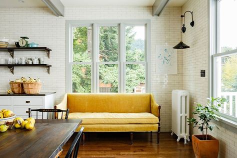 Victorian Kitchen Seating Area In Kitchen, Kitchen Couch, Yellow Couch, Kitchen Sofa, Yellow Sofa, Victorian Kitchen, Kitchen Redesign, Classic Kitchen, Up House