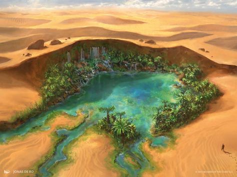 http://www.artofmtg.com/art/hashep-oasis/ Desert Oasis Concept Art, Desert Dnd Art, Oasis Astethic, Sandstorm Art, Desert Environment Concept Art, Oasis Landscape, Desert Dragon, Desert Planet Concept Art, Dnd Desert Map