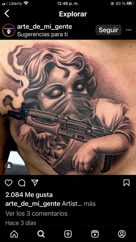 Gangster Angel Tattoo, Chicano Tattoos Gangsters, Chest Tattoo Lettering, Chicanas Tattoo, Funky Tattoos, Chicano Tattoos, Snake Tattoo Design, Chicano Art Tattoos, Angel Artwork