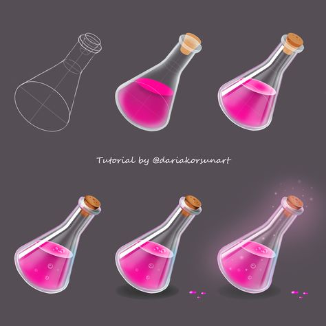 Bottle Art Tutorial, Potion Bottle Digital Art, Potion Bottles Drawing Tutorial, How To Draw Liquid In A Bottle, Glass Painting Reference, Glass Coloring Tutorial, How To Paint A Bottle, Glass Bottle Reference, How To Draw Glass Bottles