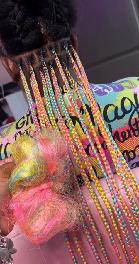 Protective Hairstyles With Color, Protective Hairstyles Braids With Color, Fruity Pebble Braids, Fruity Pebbles Braids, Rainbow Knotless Braids, Braid Colors Ideas, Braids With Hair Jewelry, Peekaboo Hair Color Braids, Colorful Braids For Black Women