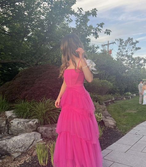 Pink Graduation Dress Long, Light Pink Tulle Prom Dress, Bubblegum Pink Prom Dress, Pink Tulle Gown For Prom Season, Elegant Pink Prom Ruffle Dress, Pink Strapless Tulle Dress For Prom, Dark Pink Prom Dress, Baby Pink Prom Dress, Pink Strapless Floor-length Dress For Prom