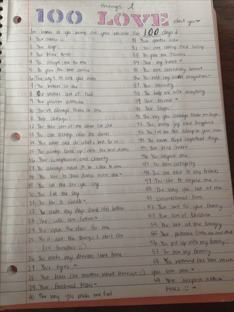 "100 Things I Love About You" - LDS Missionary, been out for 100 days letter. #missionarygirlfriend Lds Missionary, Homemade Anniversary Gifts, Reasons I Love You, Reasons Why I Love You, Bf Gifts, Why I Love You, Relationship Gifts, Diy Gifts For Boyfriend