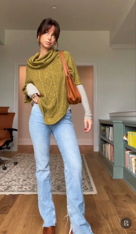 green knit poncho / striped long sleeve / jeans / uggs Green Poncho Outfit, Poncho Outfit 2023, Sweater Poncho Outfit, Poncho Sweater Outfit, Cafe Ole, Poncho Outfit, Knit Poncho, Autumn 2023, Poncho Sweater