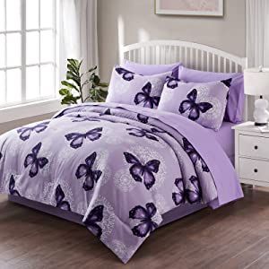 ARTALL Butterfly Pattern Bed in A Bag 6 Piece Bedding Twin Comforter Sets 1 Comforter, 1 Pillow Shams, 1 Flat Sheet, 1 Fitted Sheet, 1 Bed Skirt, 1 Pillowcases Twin Size Comforter, Cama Queen Size, Kids Shared Bedroom, Butterfly Bedding, Purple Bedding, Twin Comforter Sets, Bed Comforter Sets, Full Bedding Sets, Shared Bedroom