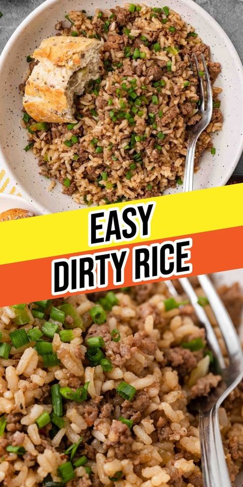 Easy Dirty Rice recipe for the classic Southern favorite! Savory hearty rice filled with ground beef, sausage, veggies, and Cajun flavor! Beef And Couscous Recipe, Ground Turkey Dirty Rice, Ground Beef Couscous, Ground Beef And Instant Rice Recipes, Easy Dinner With Ground Sausage, Quinoa And Ground Beef Recipes, Meals With Brown Rice, Dinner With Ground Sausage, Sausage Broccoli Rice