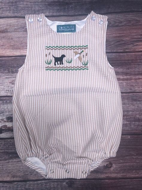 Hunting Baby Boy Tan Seersucker Bubble - Etsy Southern Baby Boy Outfits, Southern Baby Clothes, Baby Boy Hunting, Smocked Outfits, Baby Boy Embroidery, English Outfit, Duck Nursery, Hunting Theme, Hunting Baby