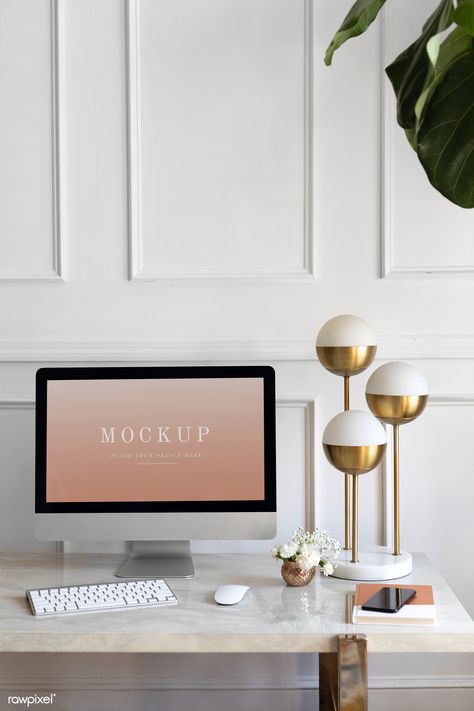 Computer screen mockup by a golden lamp | premium image by rawpixel.com / Felix Golden Lamp, Computer Mockup, Golden Lamps, Study Corner, Phone Mockup, Gradient Design, Image Fun, Free Mockup, Computer Screen