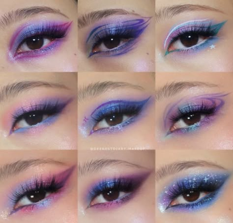 Pink Purple Blue Eye Makeup, Editorial Purple Makeup, Purple Y2k Makeup, Blue Purple Makeup Looks, Blue And Purple Eyeshadow Looks, Purple And Blue Makeup, Colourful Eyeliner, Fun Eyeliner, Purple Eyeshadow Looks