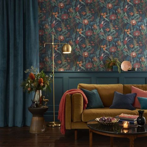 Tigerlily Midnight Wallpaper Forest Scape, Bold Botanicals, Blue Terrazzo, Dining Room Wallpaper, Navy Wallpaper, Graham & Brown, Brown Wallpaper, Blue Living Room, Wallpaper Direct