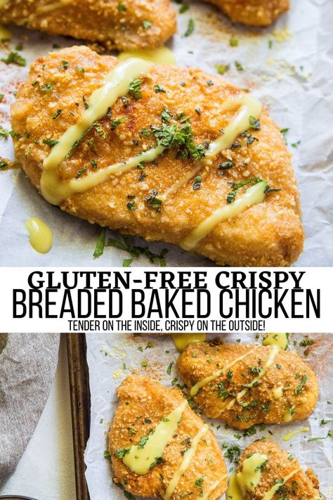 This Gluten-Free Baked Breaded Chicken recipe results in delicious crispy on the outside, tender on the inside juicy chicken breasts. In addition to baking instructions, this recipe includes instructions for pan-fried breaded chicken using a skillet. #chicken #healthy #dinner Gluten Free Crusted Chicken, Gf Breaded Chicken, Gluten Free Chicken Francaise Recipe, Gluten Free Baked Chicken Recipes, Gluten Free Panko Chicken, Chicken Breast Recipes Gluten Free, Gluten Free Chicken Breast Recipes, Gastro Diet, Gluten Free Breaded Chicken