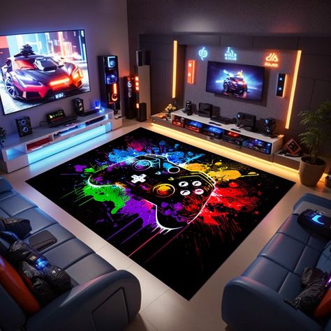 Couples Gaming Room Setup Cozy, Gaming Basement, Game Room Inspiration, Dj Bedroom, Gaming Rug, Gamer Rug, Game Rug, Bedroom Game Room, Modern Kids Room