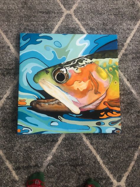 Trout Painting Acrylic Easy, Acrylic Trout Painting, Trout Painting Acrylic, Watercolor Acrylic Painting, Fish Paintings Acrylic, Bass Fish Painting, Acrylic Fish Painting, Fish Canvas Painting, Colorful Fish Painting