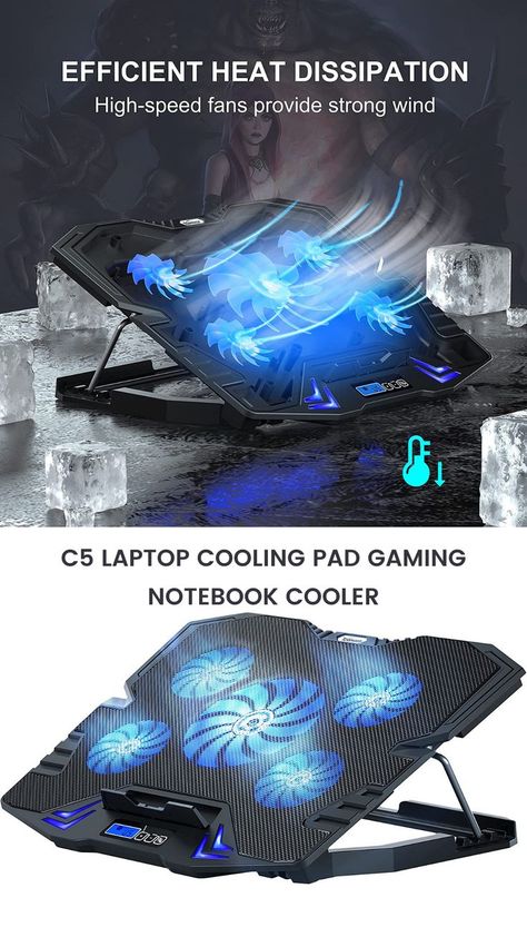 TopMate C5 Laptop Cooling Pad Gaming Notebook Cooler, Laptop Fan Cooling Stand Adjustable Height with 5 Quiet Fans Blue LED Light, Computer Chill Mat with LCD Controller, for 10-15.6 Inch Laptops Laptop Fan, Gaming Notebook, Laptop Cooling Pad, Cooling Pad, Laptop Cooler, Blue Led Lights, Background Images Hd, Gaming Laptop, Strong Wind