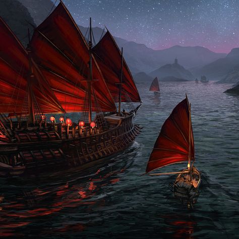 The fleet of  Zhèng Shì Rune Knight, Chinese Boat, Pirate Ship Art, Bateau Pirate, Pirate Art, Ghost Of Tsushima, Fantasy Places, China Art, Sailboats