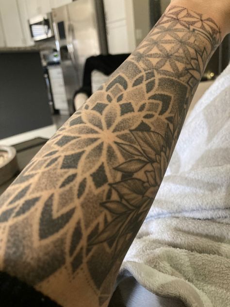 Dot Work Mandala Tattoo Sleeve, Dotwork Stomach Tattoo, Elbow Dot Work Tattoo, Dotted Flower Tattoo, Dotwork Ornamental Tattoo, Dot Work Butterfly Tattoo, Dot Work Sleeve Tattoo, Mandala Dot Tattoo, Dotwork Tattoo Mandala Dots