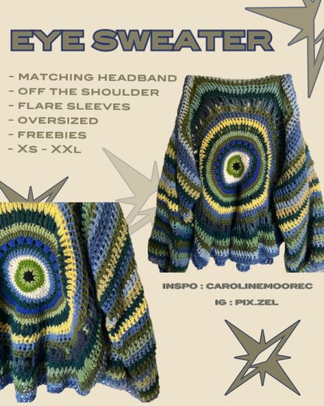 Crochet Clothes For Guys, Eye Sweater Crochet Pattern, Trendy Crochet Clothes Patterns, Croching Ideas Aesthetic, Crochet Eye Sweater Pattern Free, Crochet With Multi Colored Yarn, Crochet Ideas Clothes Winter, Evil Eye Crochet Sweater, Easy Clothes To Crochet