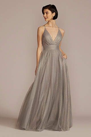 View Long Jules and Cleo Dress at David's Bridal Gray Prom Dress, Stylish Prom Dress, Grey Prom Dress, A Line Prom Dress, Gold Bridesmaid Dresses, Formal Wear Dresses, Prom Dress Styles, Perfect Prom Dress, Cute Prom Dresses