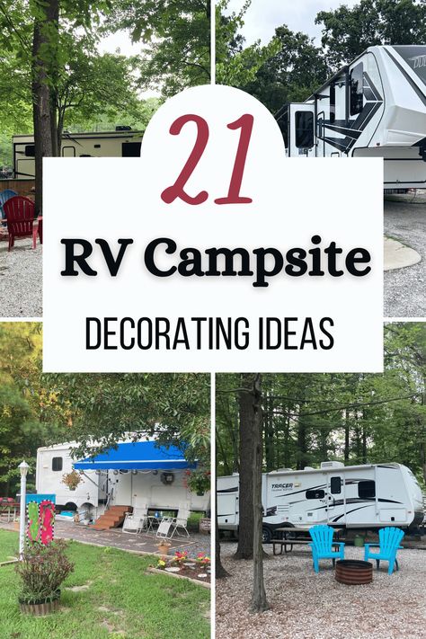 Looking for RV campsite decorating ideas?  Look no further!  RV camping is synonymous with outdoor living, so hanging out in cozy camping chairs around the campfire is the best place to be at the campground.  However, it can be difficult to find cute RV patio decorating ideas and accessories that are practical for camping and travel.  Read now for 21 RV campsite decorating ideas that will make your RV patio the talk of the campground (in a good way). Outside Camper Decor, Camping Yard Ideas, Campground Patio Ideas, Camp Yard Ideas, Full Time Rv Outdoor Space, Outdoor Camper Setup Ideas, Outdoor Camper Ideas, Camper Fire Pit Ideas, Camper Deck With Gazebo