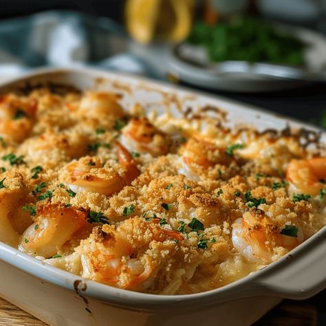 Baked Shrimp Casserole - Recipes, Tasks & Tools Oven Baked Shrimp Casserole, Casseroles With Shrimp, Seafood Bake Casserole, Baked Stuff Shrimp Casserole, Shrimp Scampi Bake, Frozen Pre Cooked Shrimp Recipes Easy, Baked Shrimp Casserole Recipes, Shrimp Scampi Pasta Bake, Shrimp Bread Recipes