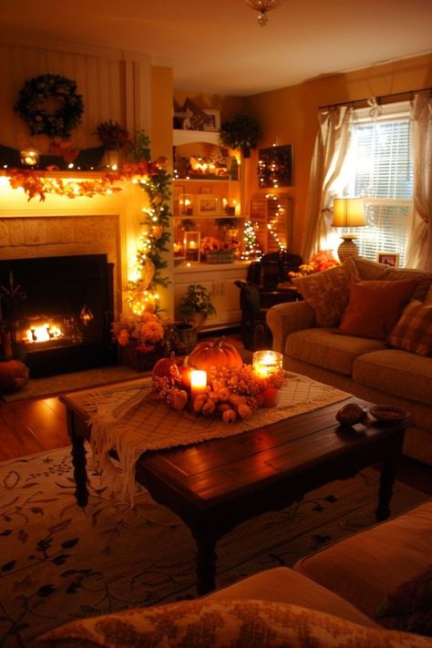 #halloween #preppy #roomdecorbedroom #decoration #fashion #aesthetic Cozy Old Fashioned Living Room, Candle Lit Living Room Aesthetic, Fall Home Aesthetic Living Room, Fall House Decor Indoor, Autumnal House, Fall Room Inspiration, Autumn Room Decor, Autumn Living Room Decor, Fall Room Aesthetic