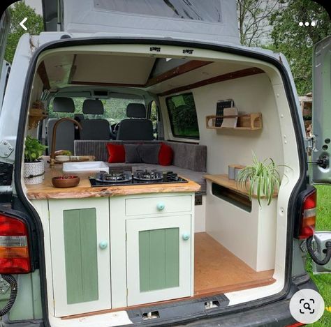 Camper Van Kitchen In Back, Small Van Makeover, Small Campervan Conversions, Small Van Build Ideas, Small Van Conversion, Van Closet, Ford Transit Custom Camper, Mini Camper Van, Campervan Accessories