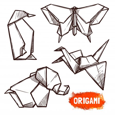 Origami Figures, Origami Penguin, Swan Drawing, Elephant Sketch, Origami Tattoo, Origami Elephant, Origami Swan, Kalender Design, Geometric Origami