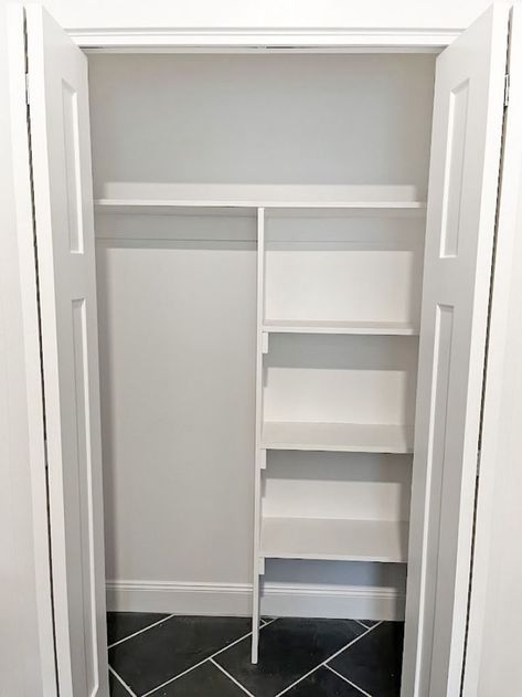 I converted our coat closet to a functioning storage space as a pantry closet, storage space and cleaning supplies storage. I included the link to my video where I show you step by step how I converted the coat closet to a pantry closet. Coat Closet Converted To Pantry, Pantry Cleaning Closet Combo, Turning Coat Closet Into Pantry, Transform Coat Closet, Pantry And Coat Closet Combo, Closet With Corner, Coat Closet Into Pantry, Coat Closet Shelving, Cleaning Closet Ideas