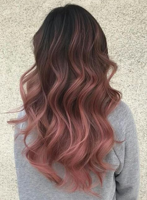 Balayage Hair Rose Gold Brunettes, Ombre Hair Color For Brunettes Blonde, Light Pink Hair On Brunette, Balage Hair Brown Balayage Medium Length Hairstyles, Brown Rose Hair Color, Rose Pink Highlights Dark Hair, Light Pink On Brown Hair, Rose Gold Partial Highlights, Pink Toned Brown Hair