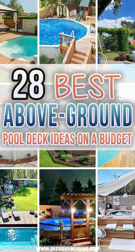 Best Above Ground Pool Deck Ideas on a Budget. Are you looking for some cheap and inexpensive options to build a deck for your above ground pool? Choose budget-friendly materials and designs for your next pool project. #decorhomeideas Above Ground Pool Ideas With Deck And Bar, Swimming Pool Ideas Above Ground, Back Deck With Above Ground Pool, Pool Deck For Above Ground Pool, Above Ground Pool Deck Ideas On A Budget Diy, Pools With Decks Above Ground, Above The Ground Pool Decks, Patio Above Ground Pool Ideas Backyards, Deck From House To Above Ground Pool