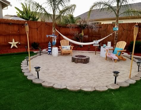 Backyard With Sand Ideas, Backyard Landscaping Beach, Hammock Oasis Backyard, How To Make A Beach In Your Back Yard, Backyard Beach Theme, Sand In The Backyard, Firepits Backyard With Sand, Backyard Sandpit Ideas, Mini Beach In Backyard