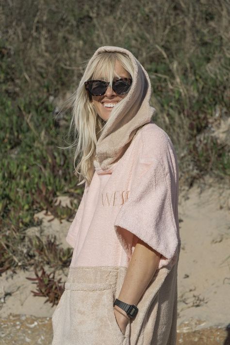 Pairs best with hot coffee and early morning surf checks! Our WeSea Surf Poncho is made for you to be able to slip in and out of your wetsuit with ease or to quickly get rid of that wet bikini without showing off your pretty peach to everyone around! Made in 100% Cotton Terry Towelling fabric. Surf Outfit Women, Outfit Women Winter, Towel Hoodie, Poncho Fashion, Hoodie Poncho, Towel Dress, Surf Brands, Terry Towelling, Sewing Bee