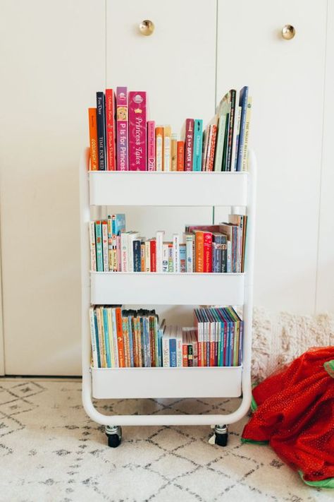 Children’s Book Storage, Children Book Storage, Childrens Book Storage, Children's Book Storage, Book Trolley, Nursery Book Storage, Book Storage Ideas, Celeste Wright, Childrens Storage