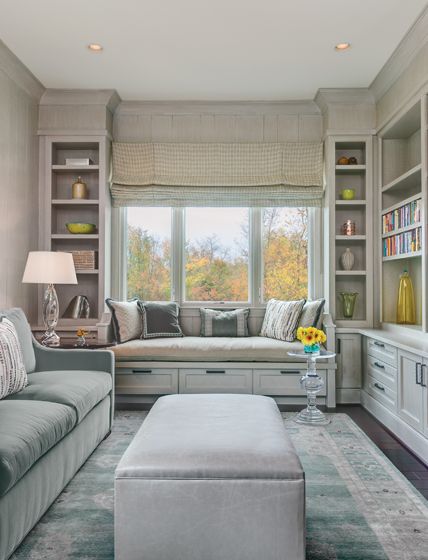 The #library / #guest #room boasts a soothing celadon palette and #custom #windowseat. Designed by Susan Gulick Interiors. #interior #design #fine #furniture Window Seat Design, Landscape Designer, Home Library Design, Future Home, Great Falls, Shangri La, Next Home, Home Room Design, Window Seat