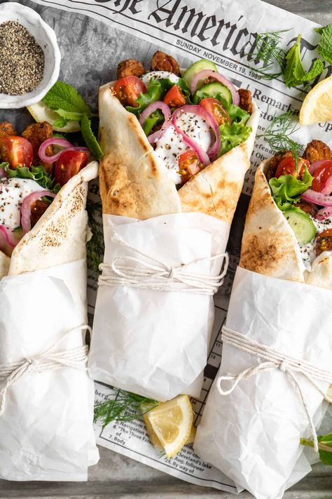 Easy Vegan Tempeh Gyros | Jessica in the Kitchen Pita Bread Wraps, Gyro Food Photography, Tempeh Wrap Recipes, Greek Wrap Vegetarian, Gyros Photography, Vegan Gyro Recipe, Gyros Vegetarian, Gyro Photography, Tempeh Gyros