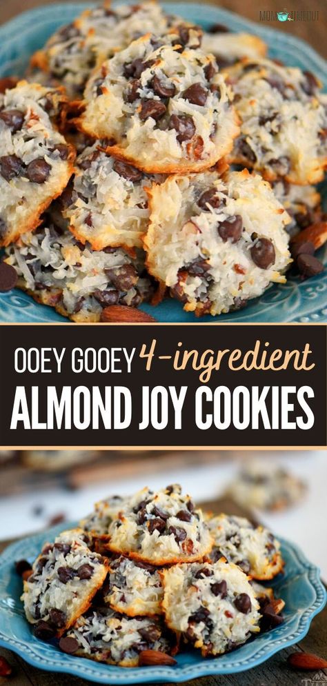 4 Ingredient Cookies, Joy Cookies, Coconut Cookies Recipes, Almond Joy Cookies, Almond Joy, Bar Recipes, Coconut Cookies, Favorite Dessert, Coconut Macaroons