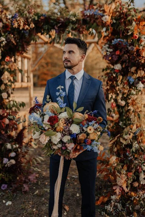 Wedding Stage Background, Slate Blue Suit, Fall Wedding Suits, Blue Fall Wedding, Rose Peonies, Fall Groom, Slate Blue Wedding, Flower Props, Fall Wedding Arches