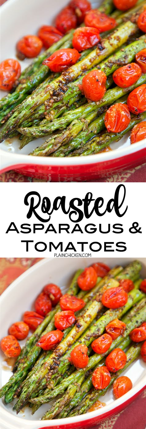 Roasted Asparagus and Tomatoes - takes one minute to toss together and is ready to eat in 15 minutes! SO quick and easy!! Asparagus,grape tomatoes, olive oil, balsamic, parmesan. Great weeknight side dish. Goes with everything! YUM! Asparagus And Tomatoes, Easy Asparagus, Asparagus Recipes Baked, Oven Roasted Asparagus, Festival Foods, Savory Sides, Asparagus Recipes, Plain Chicken, Recipes Vegetables