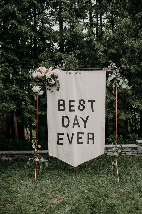 Backyard Wedding at Home with a Banner Backdrop ⋆ Ruffled Creative Wedding Sign, Reception Signs, Wedding Banner, Martha Stewart Weddings, Rustic Chic Wedding, Banner Backdrop, Creative Wedding, Wedding Signage, Wedding Sign