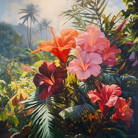 Hawaiian Fantasy Art, Hawaiian Culture Art, Paintings Of Hawaii, Vintage Hawaiian Art, Dark Hawaiian Aesthetic, Old Hawaii Aesthetic, Native Hawaiian Flowers, Hawaiian Astethic, Tropical Flowers Aesthetic