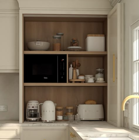 Muli | We always aim to fit a larder unit into a kitchen, it’s the best way to store small appliances and food items when a walk in pantry isn’t… | Instagram Pantry Idea For Small Kitchen, Appliance Corner Cabinet, Appliance Set Up In Kitchen, Counter Top Larder Cupboard, Counter Top Pantry, Small Appliance Cabinet Kitchen, Kitchen Bar With Storage, Pocket Door Larder, L Shaped Kitchen Pantry