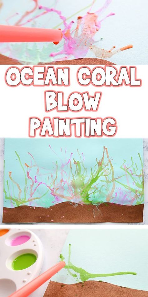 Ocean Coral Blow Painting Summer Kids Art Project Summer Kids Art, Blow Painting, Ocean Art Projects, Ocean Theme Preschool, Blow Paint, Summer Art Projects, Ocean Unit, Ocean Coral, Painting Summer