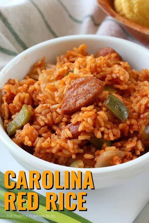 This Carolina Red Rice recipe is a savory one-pot meal complete with rice, smoked sausage, garlic, onion, bell pepper, and cayenne will become a family favorite! Easy to make and ready in 30 minutes, this red rice recipe is soul food at its best! #CarolinaRedRice #CharlestonRedRice #OnePotRecipes #ThePurplePumpkinBlog #SouthernRecipes #Recipes Red Rice And Sausage, Red Rice And Sausage Recipe, Southern Red Rice, Red Rice Recipe Southern, Charleston Red Rice, Smoked Sausage And Rice, Sausage And Rice Skillet, Red Rice Recipe, Sausage And Rice