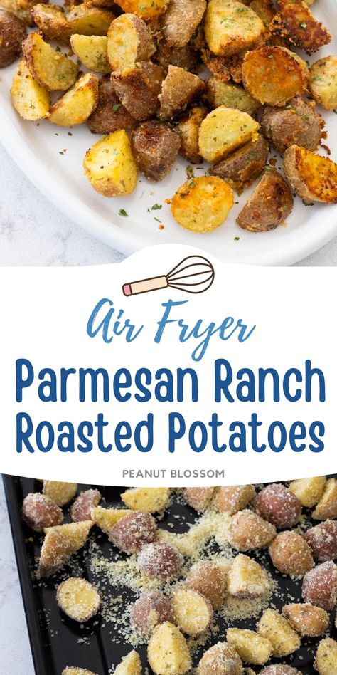 You can cook these golden brown crispy ranch roasted potatoes in an air fryer or oven in under 30 minutes. This easy side dish pairs well with chicken or pork but could also be used as a fun party appetizer or snack when served with a savory dipping sauce on the side. Roasted Potatoes In Air Fryer, Ranch Roasted Potatoes, Air Fryer Roasted Potatoes, Chicken Entree, Parmesan Roasted Potatoes, Ranch Potatoes, Oven Roasted Potatoes, Roasted Potato Recipes, Air Fry Recipes