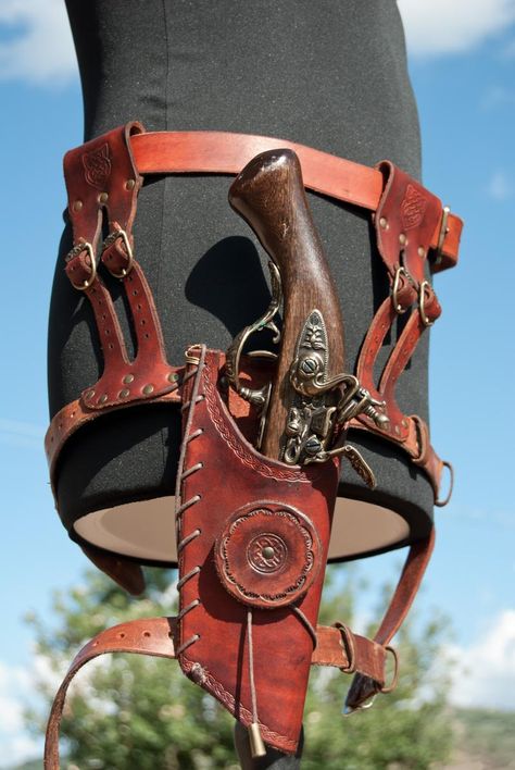 Steampunk Thigh Holster by Adhras on DeviantArt Steampunk Holster, Thigh Accessories, Mounted Shooting, Thigh Holster, Steampunk Leather, Fantasy Costumes, Steampunk Fashion, Leather Diy, Leather Belts