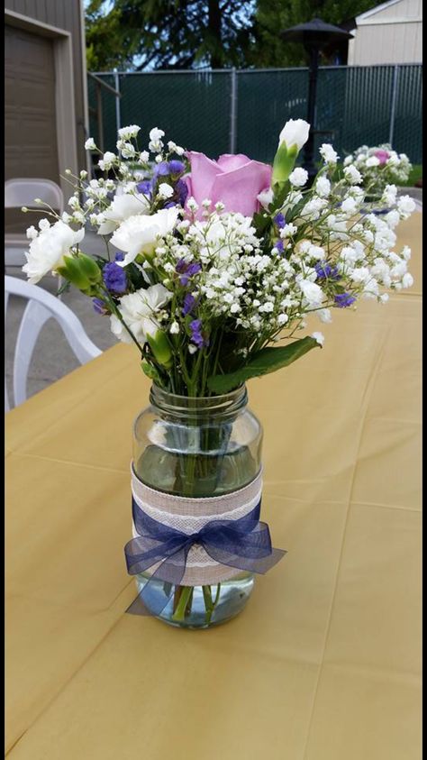 Ribbon On Vases Diy, Ribbon Vase Ideas, Ribbon Around Vase, Vase With Ribbon, Carnation Centerpieces, Diy Flower Vase, Vases Centerpieces, Memorial Services, Glass Vases Centerpieces