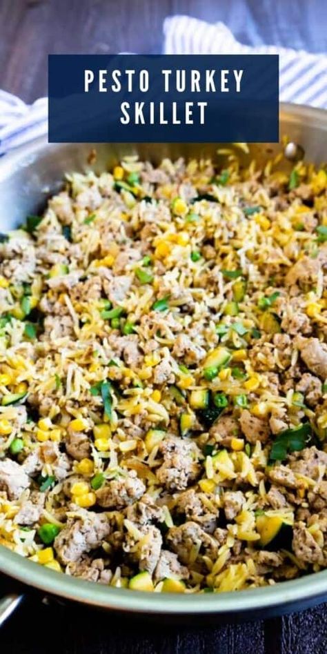 Ground Turkey With Asparagus, Ground Turkey Broccoli Recipes, Turkey Orzo, Ground Turkey Skillet, Pesto Turkey, Turkey Skillet, Turkey Pesto, Turkey Meals, Eggplant Rollatini