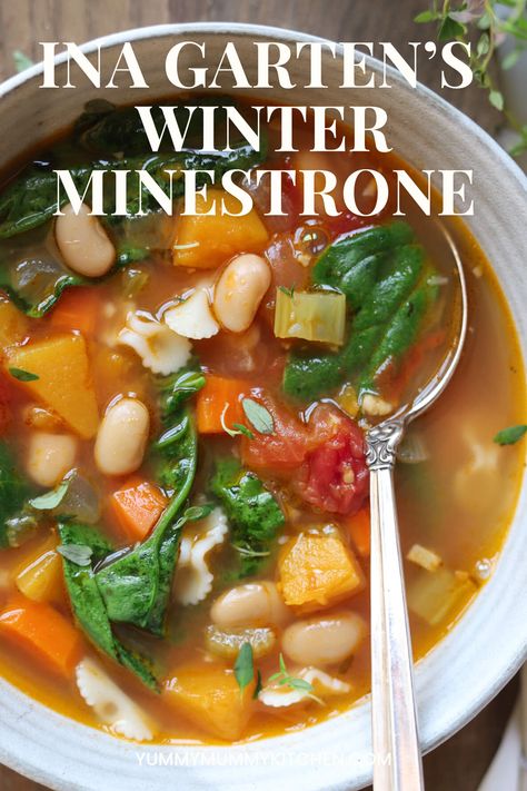 Ina Garten's winter minestrone recipe from her Barefoot Contessa cookbook is the best minestrone soup recipe filled with hearty veggies, white beans and pasta. #minestrone #inagarten #barefootcontessa #healthydinner Winter Minestrone Soup Barefoot Contessa, Ina Garten Winter Minestrone Soup, Ina Garten Minestrone Soup, Best Minestrone Soup, Best Minestrone Soup Recipe, Minestrone Recipe, Winter Minestrone, Barefoot Contessa Recipes, Pesto Spinach